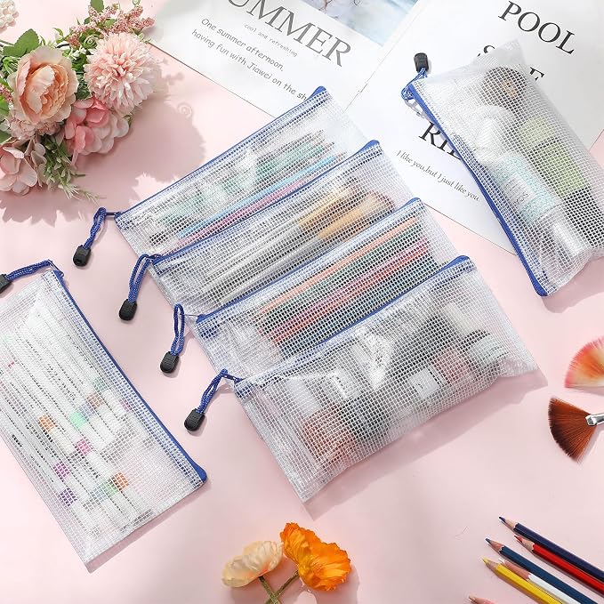 Handepo 100 Pack Mesh Zipper Pouch Pencil Pouches Bulk Clear Storage Bag Small Waterproof Purse Bag Multipurpose for Cash Board Game Passport Office(A6/9.45x4.53in,White Pouch Blue Zipper)