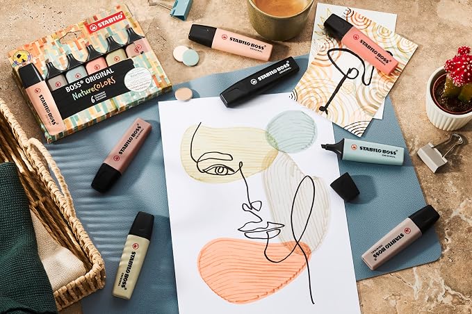STABILO - BOSS ORIGINAL NatureCOLORS - Highlighter - Pack of 6 - Beige, Warm Grey, Earth Green, Sienna, Mud Green, Umber