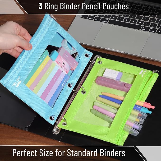 Mr. Pen- Pencil Pouch for 3 Ring Binder, 2 Pack, 10"x6.75", Smooth Zipper | Clear Window, Large Capacity Pencil Case with 3 Reinforced Grommets for School, Office, Supplies Storage | Clear Window, Large Capacity Pencil Case with 3 Reinforced Grommets f...
