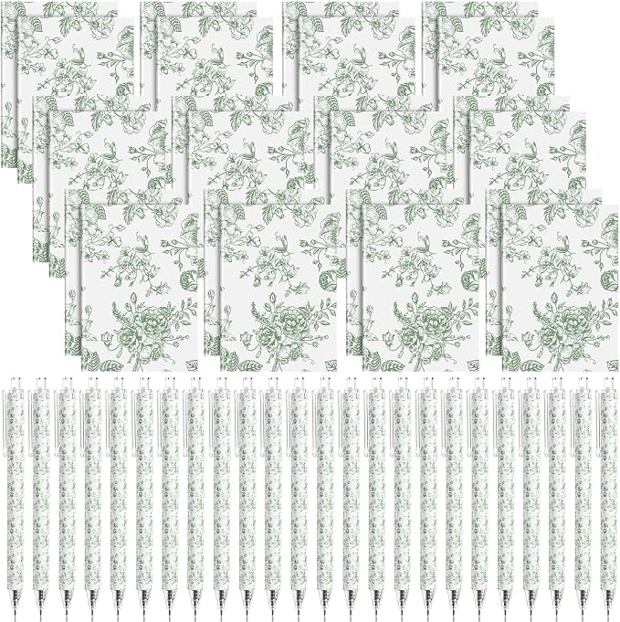 Engrowtic 24 Set Sage Green and White Floral Mini Notebooks and Ballpoint Pens Chinoiserie Vintage Pocket Notepads Gel Pens Small Journals for Bridal Wedding Baby Shower