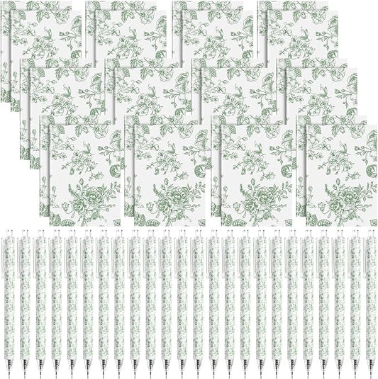 Engrowtic 24 Set Sage Green and White Floral Mini Notebooks and Ballpoint Pens Chinoiserie Vintage Pocket Notepads Gel Pens Small Journals for Bridal Wedding Baby Shower
