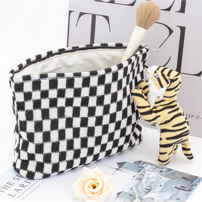 PAZIMIIK Checkered Makeup Bag for Purse, Small Flat Cosmetic Pouch,Black | Cute Zipper Makeup Organizer for Women, Travel Essentials, Toiletries, Makeup Brushes, Beauty Accessories&Bridesmaid Gifts