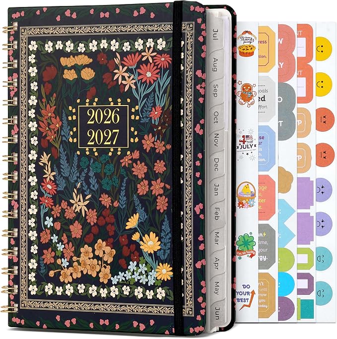 JoyCat Academic Planner 2026-2027, A5 Weekly & Monthly, Midnight Garden | July 2026-June 2027 A5 planner combines weekly and monthly layouts, tabs, grid notes and sticker sheets.