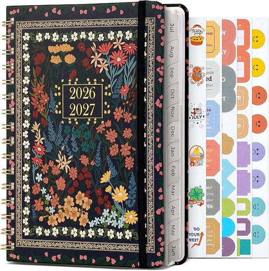 JoyCat Academic Planner 2026-2027, A5 Weekly & Monthly, Midnight Garden | July 2026-June 2027 A5 planner combines weekly and monthly layouts, tabs, grid notes and sticker sheets.