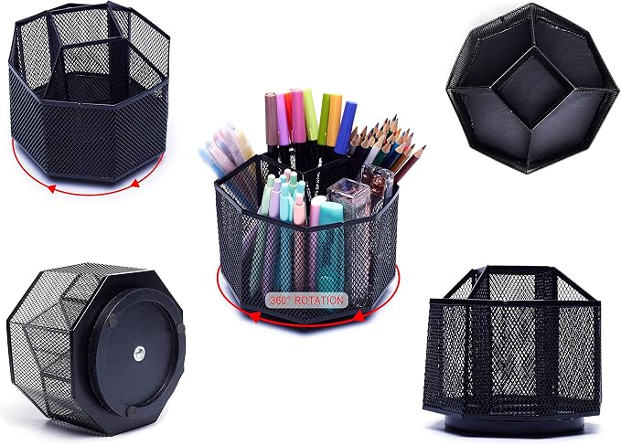 Exerz Desk Organizer 360 Rotating Pen Holder 5 Compartments Caddy Black | Smooth Spinning Base with Open Mesh Sections Easy Access to Pens Brushes Scissors Daily Desk Tools