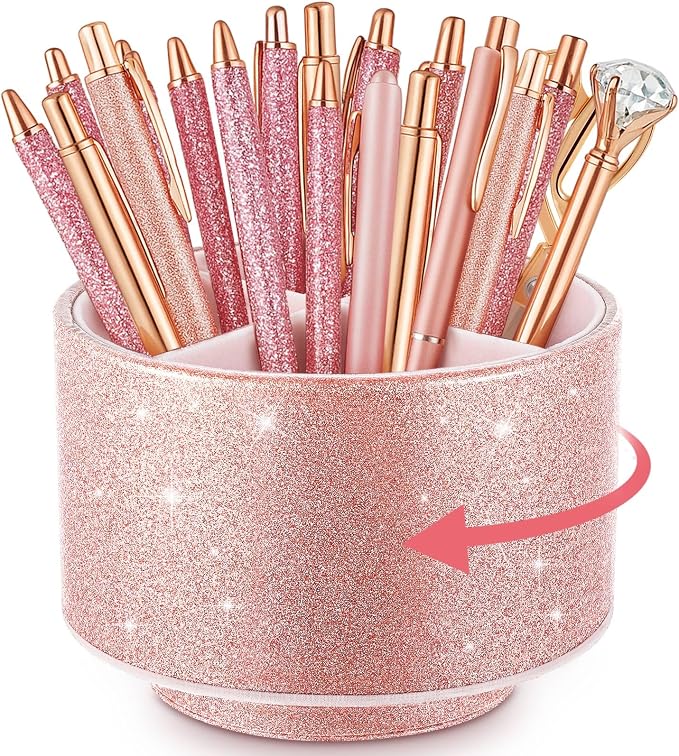 Epakh PU Leather Glitter Pen Holder 360 Degree Spinning Rose Gold Bling Pencil Cup Women Girls Makeup Brush Organizer Cup Gift for Teacher Desk Office Classroom Home Back to School Festival (6 Inch)