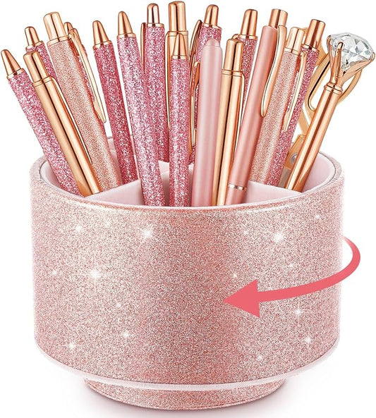 Epakh PU Leather Glitter Pen Holder 360 Degree Spinning Rose Gold Bling Pencil Cup Women Girls Makeup Brush Organizer Cup Gift for Teacher Desk Office Classroom Home Back to School Festival (6 Inch)