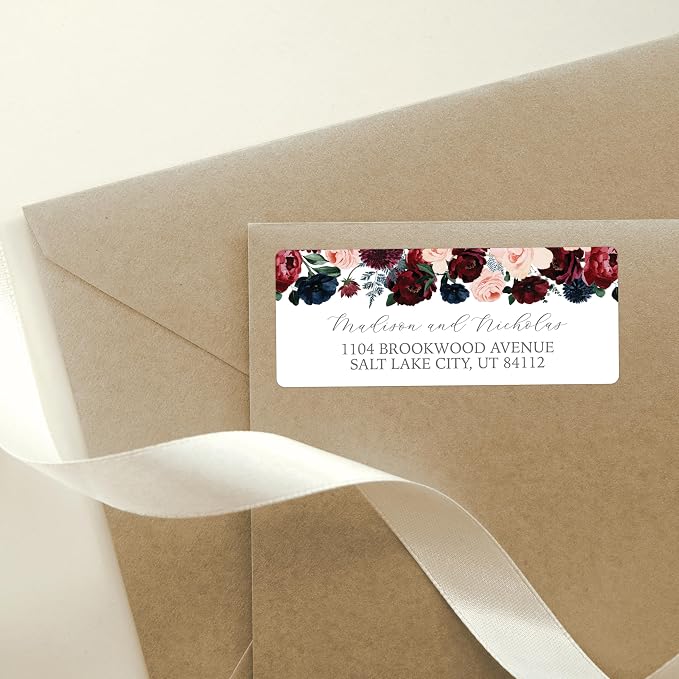 Return Address Labels Personalized with Your Choice of 30 Flower Styles - Choose Font and Font Color or Add Custom Text - Perfect for Wedding Envelopes (019 Navy, Burgundy, and Pink Flowers)