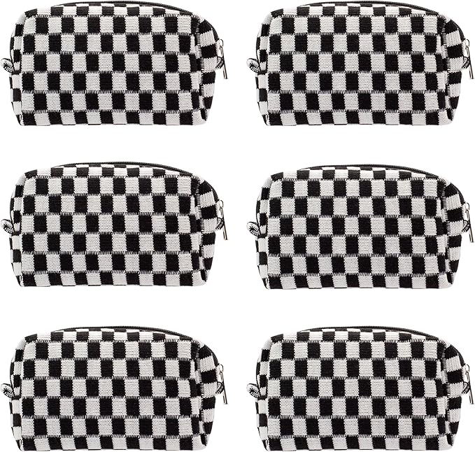 Checkered Makeup Bag for Purse, Small Travel Cosmetic Pouch,Black,6 Pack | Cute Zipper Makeup Organizer for Women, Travel Essentials, Toiletries, Makeup Brushes, Beauty Accessories&Bridesmaid Gifts