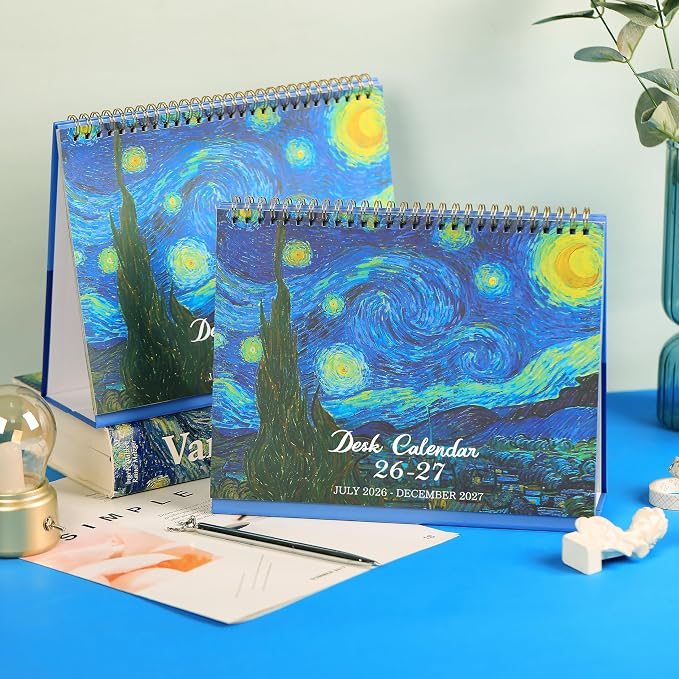 Desk Calendar 2026-2027 Flip Desktop Calendar Jul 2026 - Dec 2027 | 9.8" x 8.3" Starry Night Van Gogh Desk Planner with Thick Paper for Office Home School