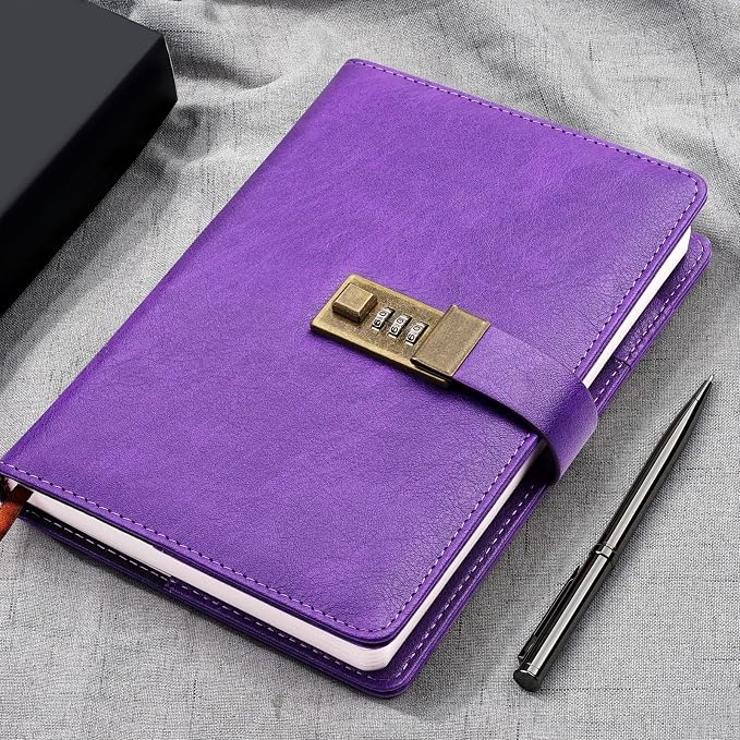 WEMATE Diary with Lock, A5 PU Leather Journal with Lock 240 Pages Purple | Vintage Lock Journal Password Notebook with Pen & Gift Box, Lock Diary Planner Organizer for Men and Women, 8.6x5.8in