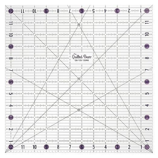 The Quilted Bear Square Quilting Ruler, Transparent Acrylic, 12.5" x 12.5" | Non-Slip, Precise Bold Lines, 30, 45 & 60 Degree Angles, 3mm Thick Transparent Acrylic, for Quilt Blocks, Sewing & Craft