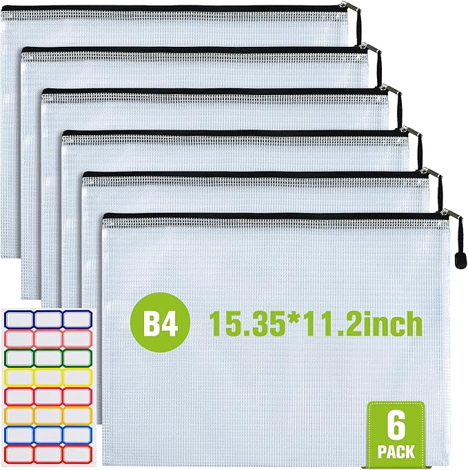 6PCS Mesh Zipper Pouch Bags: B4 Clear Zipper Pouches for Classroom, Black | 15.35×11.22 Inch Plastic Mesh Bag for Board Game Puzzles Storage, Waterproof Organizing Pouch for School and Office Supplies