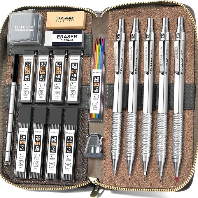 STAGEEK Metal Mechanical Pencil Set in Leather Case, 5PCS Art Drafting Pencil 0.3, 0.5, 0.7, 0.9 & 2mm Lead Holder, 9 Tube (4B 2B HB 2H Colors) Lead Refills for Drawing, Sketching, Writing (Silver)