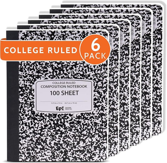 6 Pack - EPI College Ruled Composition Notebook Black - 200 Pages (100 Sheets), 9-3/4 x 7-½ - Classroom Back to School Supplies, Heavy Duty, Durable Hardcover Office Notebooks, Sewn