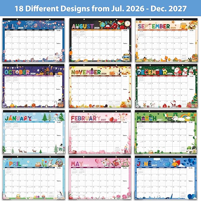 Desk Calendar 2026-2027 - Desk/Wall Calendar 2026-2027, 17"×12", Jul.2026 - Dec.2027, 18 Monthly Calendar 26-27 with Corner Protectors - 12 Different Themes