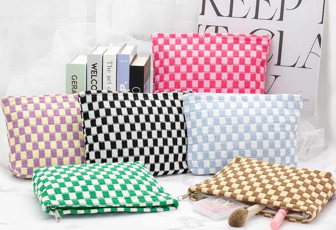 PAZIMIIK Checkered Makeup Bag for Purse, Small Flat Cosmetic Pouch,Green | Cute Zipper Makeup Organizer for Women, Travel Essentials, Toiletries, Makeup Brushes, Beauty Accessories&Bridesmaid Gifts