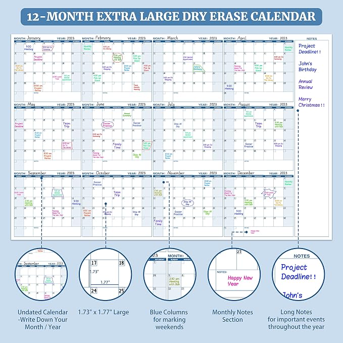 Large Dry Erase Calendar for Wall – Yearly Wall Calendar Dry Erase, 37" x 57.9", 12-Month Undated Blank Calendar Planner, Reusable Laminated Task Organizer with Note, Great for Office, Classroom, Home