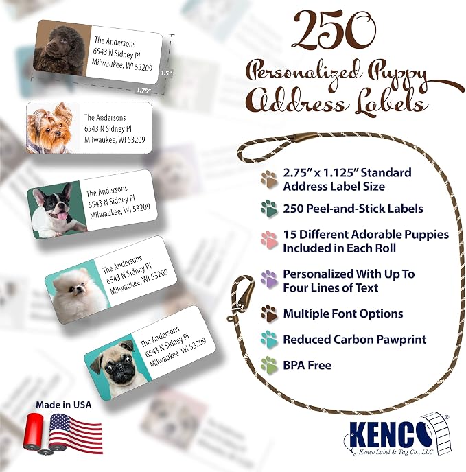 Customized Personalized Address Labels - Made in the USA by Kenco (250 Labels, Puppies)