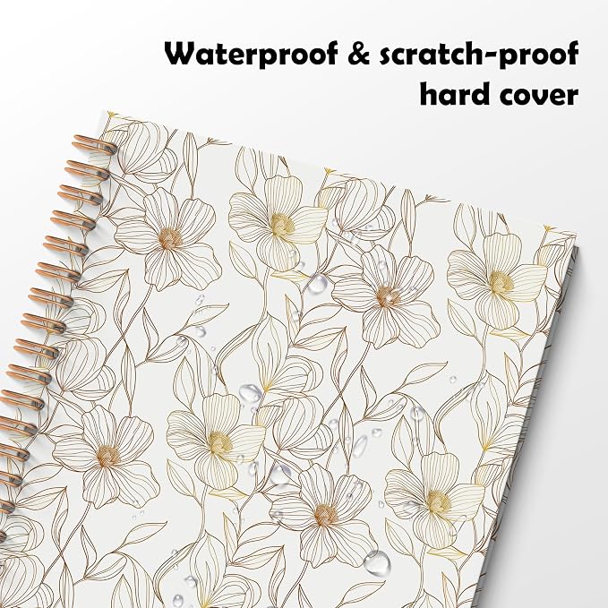 ROXMART Beige and Gold Floral Spiral Notebook, Neutral Elegant Flower Plant Journal, Retro Minimalist Line Art Botanical Hardcover Notebook Journal, 5.5x8.3 Inch