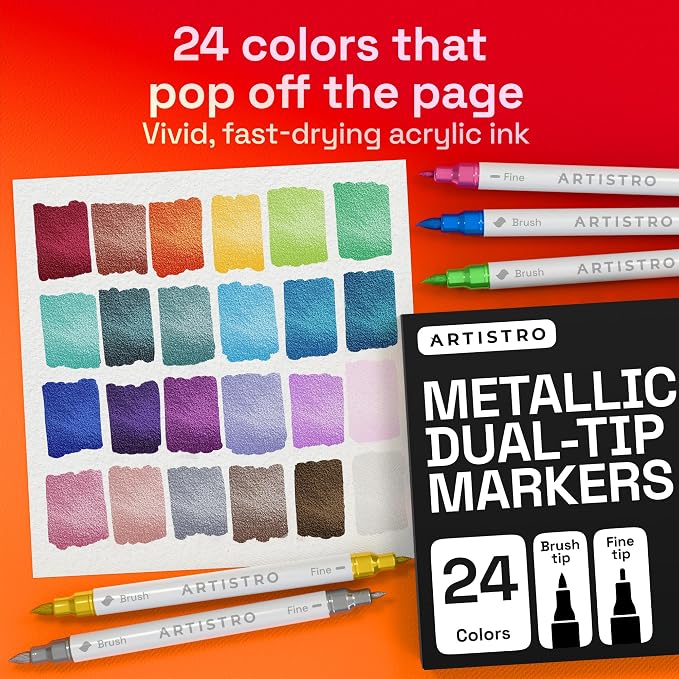 ARTISTRO 24 Metallic Acrylic Paint Markers - Paint Pens for Drawing - For Fabric, Rock, Glass, Wood, Molds - Arts & Crafts Gift for Adults, Teens, Kids, Classroom Must Haves & School Supplies