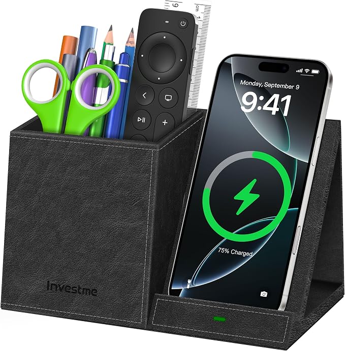 Pen Holder with Wireless Charger, Pencil Holder for Desk, Multi-Functional Desktop Organizer, Desk Organizers and Accessories for Home School Office Supplies, PU Leather Black