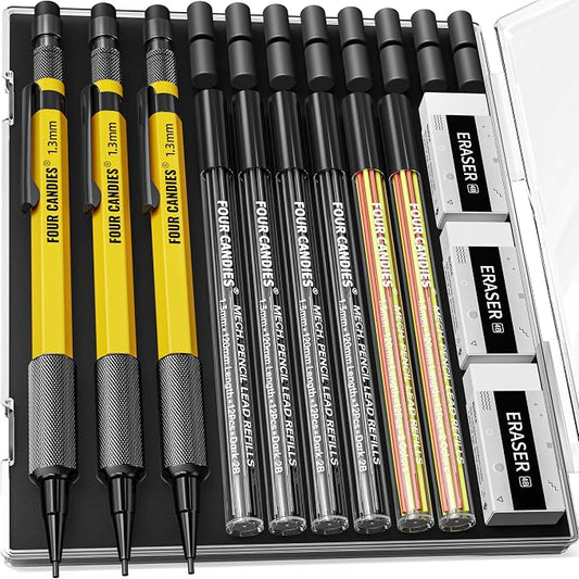 Four Candies 3PCS 1.3mm Metal Mechanical Pencil Set with Case (Yellow) | 72 Refills (Red,Black,Yellow), 3 Erasers, 16 Eraser Refills, Weatherproof Body for Construction Outdoor Woodworking Marking