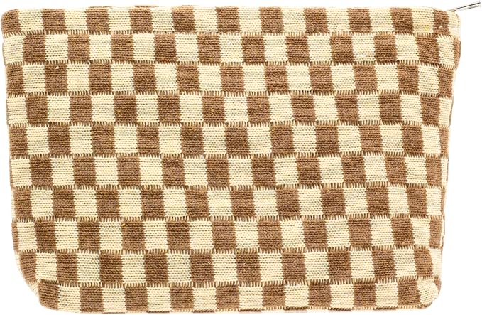 PAZIMIIK Checkered Makeup Bag for Purse, Small Flat Cosmetic Pouch,Coffee | Cute Zipper Makeup Organizer for Women, Travel Essentials, Toiletries, Makeup Brushes, Beauty Accessories&Bridesmaid Gifts
