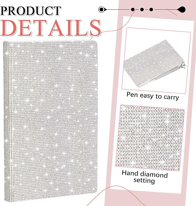 Resholder Rhinestone Pen & Glitter Notebook Set, Hard Cover Bling Diary Journal for Girls, Cute School Supplies for Back to School, Sparkly Desk Accessories Gift for Women(Rhinestone,A5,White)