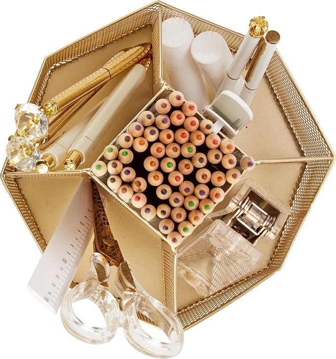 Annova Mesh Desk Organizer Rotate with 5 Compartments Spinning Tidy Candy/Pen Holder Office, Art Supply, Storage, Classroom, Home (Gold)