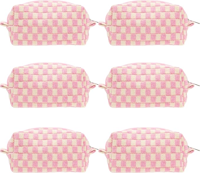 Checkered Makeup Bag for Purse, Small Cosmetic Pouch,Pink Beige,6 Pack | Cute Zipper Makeup Organizer for Women, Travel Essentials, Toiletries, Makeup Brushes, Beauty Accessories&Bridesmaid Gifts