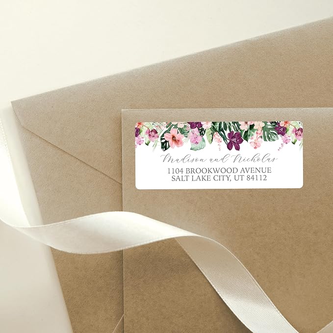 Return Address Labels Personalized with Your Choice of 30 Flower Styles - Choose Font and Font Color or Add Custom Text - Perfect for Wedding Envelopes (007 Tropical Flowers)