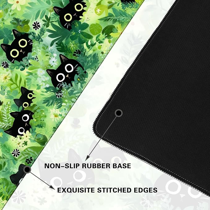 Desk Cover Mat, Extended Large Anime Mouse Pad, Computer Laptop Mat Desk Decor for Office Game Home 31.5 X 15.7 Inch (Green Plant Cat)