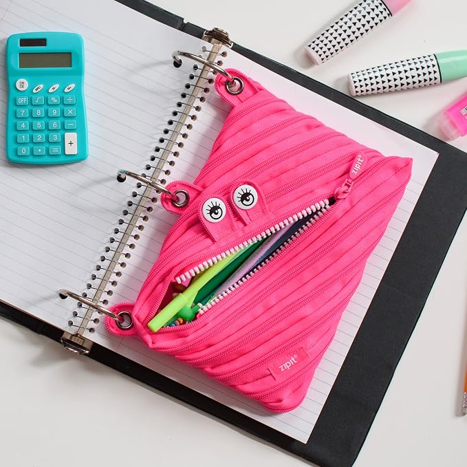 ZIPIT Monster Pencil Case for Girls, Cute 3-Ring Binder Pencil Pouch for Kids and Teens, Stationery Bag for School, Pink
