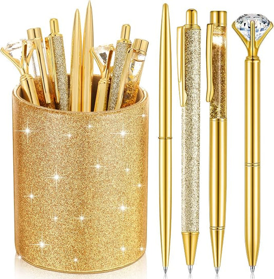 Sabary 8 Pcs Gold Pens with Pen Holder for Desk Glitter Crystal Diamond Cute Ballpoint Fancy Pencil Holder Bling Desk Organizer for Women Girls School Office Supplies Wedding Graduation Gifts