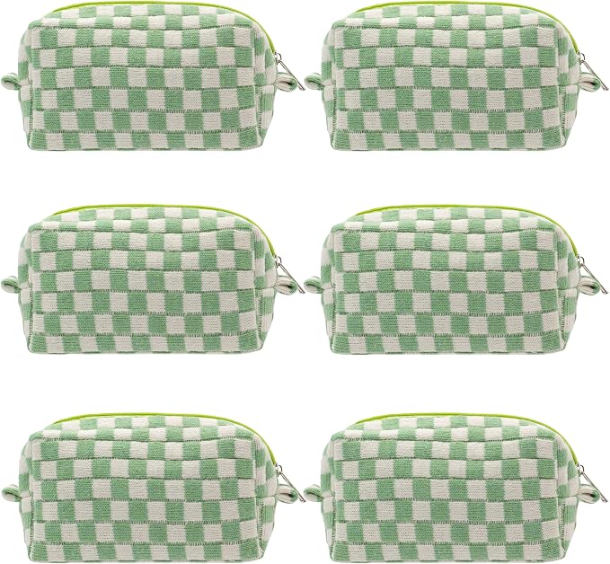 Checkered Makeup Bag for Purse, Small Cosmetic Pouch,Light Green,6 Pack | Cute Zipper Makeup Organizer for Women, Travel Essentials, Toiletries, Makeup Brushes, Beauty Accessories&Bridesmaid Gifts