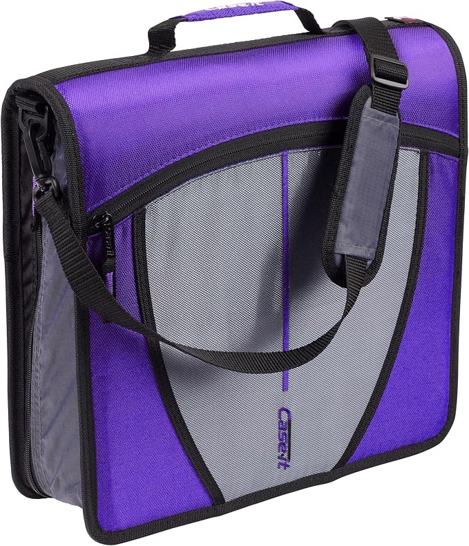 Case-it Mighty Zip Tab School Zipper Binder | 3-Inch O-Rings, 600-Sheet Capacity, 5-Subject Expanding File Folder, Multiple Pockets & Storage Organizer, Shoulder Strap | D-146 Purple Haze