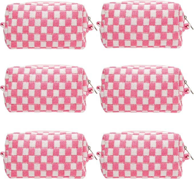 Checkered Makeup Bag for Purse, Small Travel Cosmetic Pouch,Pink,6 Pack | Cute Zipper Makeup Organizer for Women, Travel Essentials, Toiletries, Makeup Brushes, Beauty Accessories&Bridesmaid Gifts