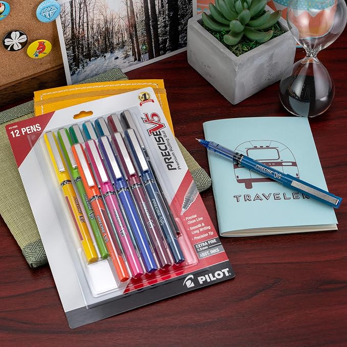 Pilot Precise V5 Refillable Liquid Ink Rolling Ball Refillable Pens, Extra Fine Point (0.5mm) Assorted Ink Pens, 12-Pack