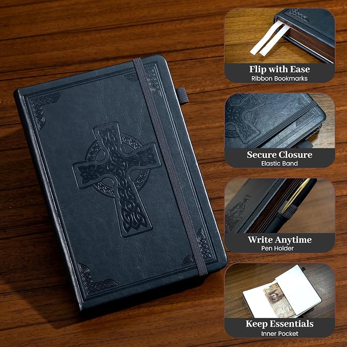 CAGIE Leather Lined Journal Notebook for Men & Women, Debossed Cross, 320 Pages 100 GSM Thick Paper, A5 Hardcover Journaling Notebooks for Writing, 5.7'' X 8.3'' Diary, Grey
