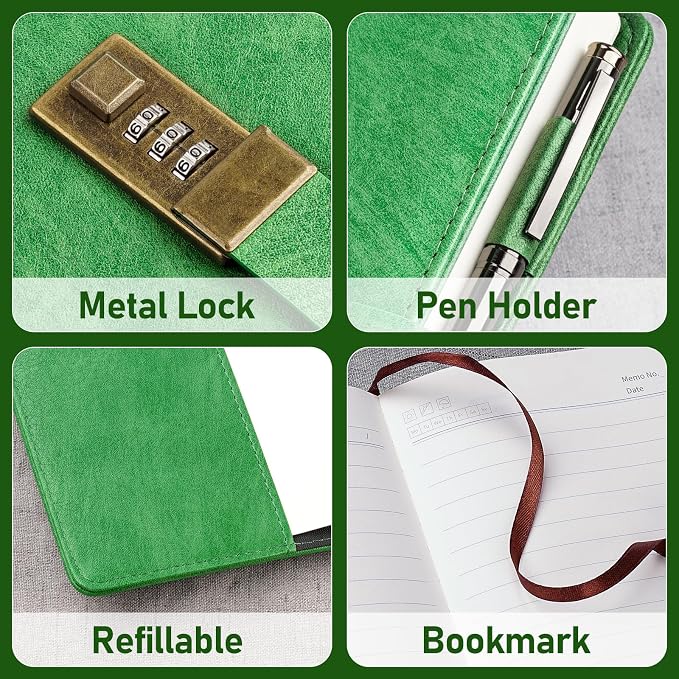 WEMATE Diary with Lock, A5 PU Leather Journal with Lock 240 Pages Green | Vintage Lock Journal Password Notebook with Pen & Gift Box, Lock Diary Planner Organizer for Men and Women, 8.6x5.8in