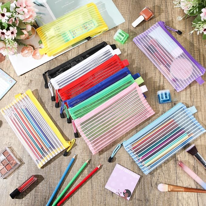 Zhehao 200 Pieces A6 Mesh Zipper Pouch Bulk Mesh Bags with Zipper Waterproof Small Pencil Pouches for Office Supplies Organization 9.4 x 4.5 Inches(Bright Colors)