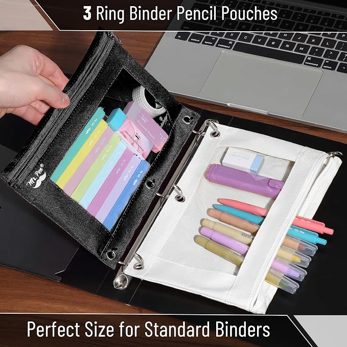 Mr. Pen- Pencil Pouch for 3 Ring Binder, 2 Pack, 10"x6.75", Smooth Zipper | Clear Window, Large Capacity Pencil Case with 3 Reinforced Grommets for School, Office, Supplies Storage | Clear Window, Large Capacity Pencil Case with 3 Reinforced Grommets f...