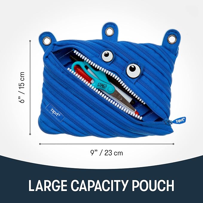 ZIPIT Monster Pencil Case for Kids, Cute 3-Ring Binder Pencil Pouch for Boys, Girls and Teens, Stationery Bag for School, Blue
