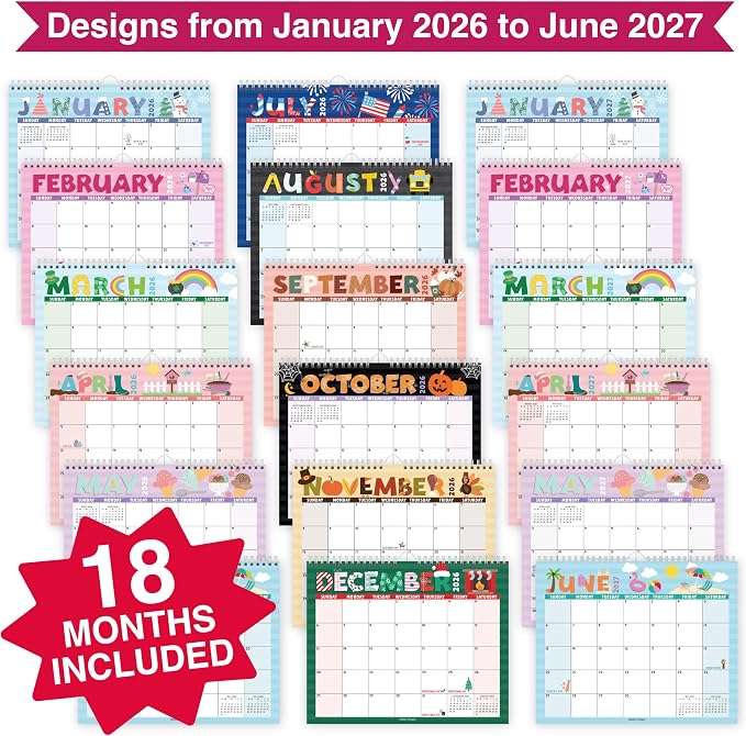 2026 Calendar Wall - 2026 Wall Calendar Large, 18-Month Hanging Calendars for School, Home & Office, Academic Monthly Calendar from January 2026 to June 2027, Back to School Teacher Gifts
