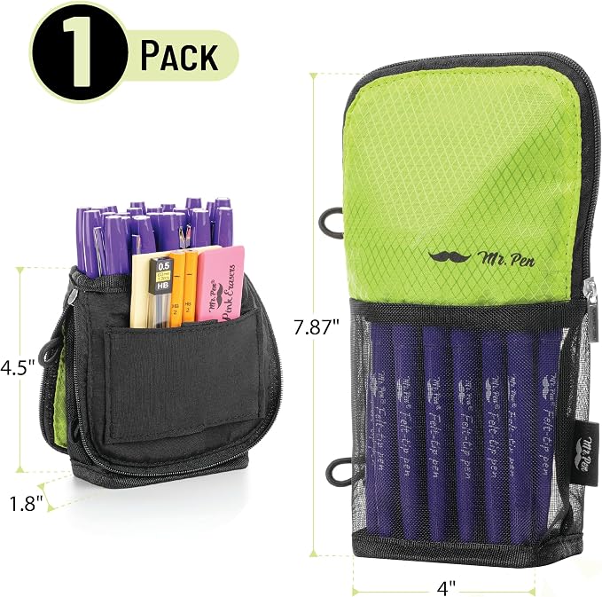 Mr. Pen- Standing Pencil Case Pouch, Sit & Lay Mesh-View Design | Black & Lawn Green, Interior Pocket & 2 Elastic Binder Loops, Cute Pencil Case for Girls and Boys