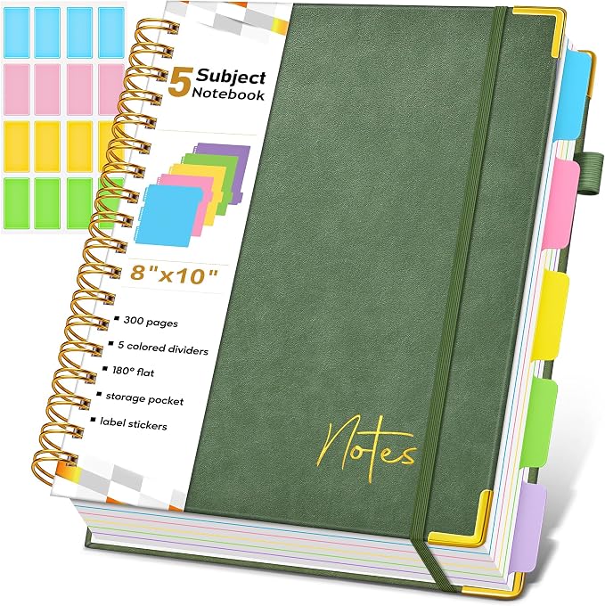 5 Subject Graph Paper Notebook with Removable Dividers Tabs, 300 Pages Hardcover Leather Grid Spiral Journal, 8"x10" B5 Large Graphing Notebooks for Women Men Work School College Engineering, Green