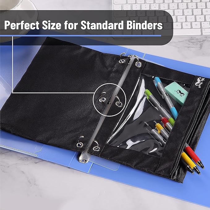 Mr. Pen- Pencil Pouch for 3 Ring Binder, 2 Pack, 10"x6.75", Smooth Zipper | Clear Window, Large Capacity Pencil Case with 3 Reinforced Grommets for School, Office, Supplies Storage | Clear Window, Large Capacity Pencil Case with 3 Reinforced Grommets f...