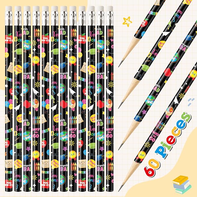 Xqumoi 60Pcs Kindergarten Graduation Pencils with Eraser - Grad Cap Diploma Themed #2 HB Pencils, Preschool Graduation Stationery Student Classroom Rewards Goodie Bag Fillers Party Favors