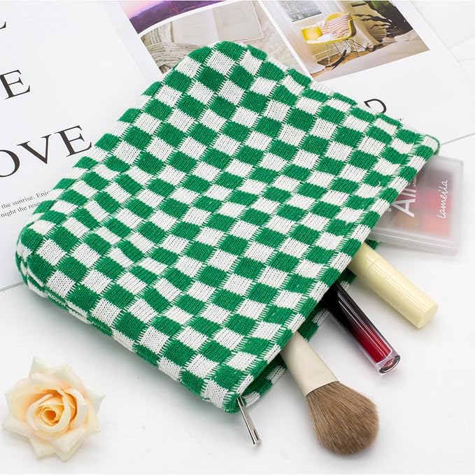 PAZIMIIK Checkered Makeup Bag for Purse, Small Flat Cosmetic Pouch,Green | Cute Zipper Makeup Organizer for Women, Travel Essentials, Toiletries, Makeup Brushes, Beauty Accessories&Bridesmaid Gifts
